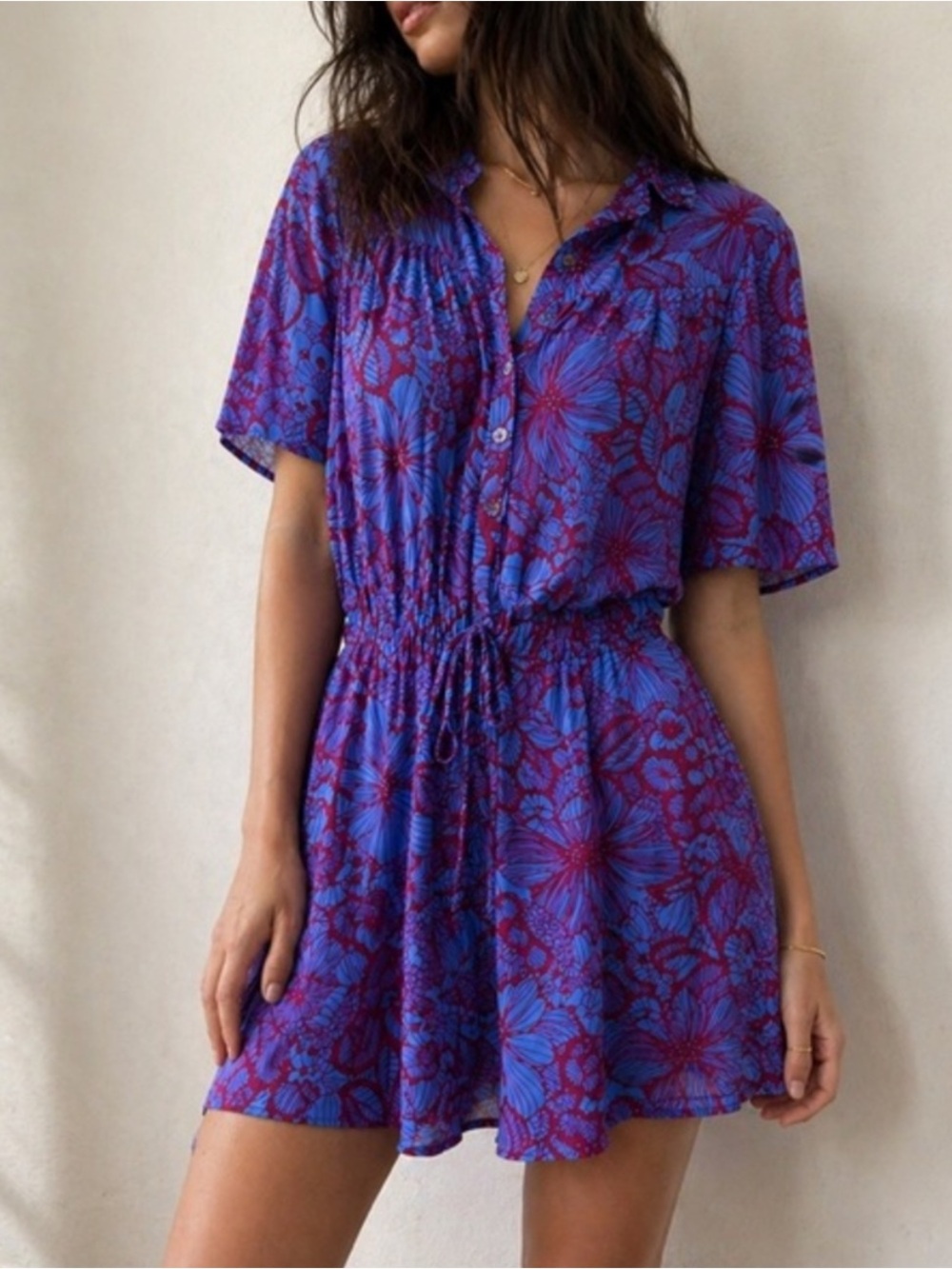 Gilner Farrar Blue Pink Floral‎ Mini Dress Tie Waist Small Summer Resort